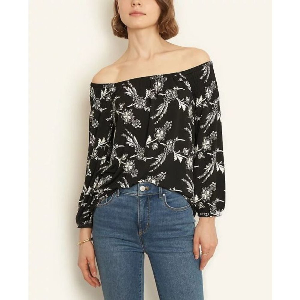 Ann Taylor Petite Floral Smocked Off Shoulder Matte Jersey Top Black PS NEW